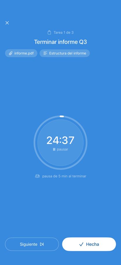 Foco app showing a single task and focus timer